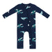 Navy blue baby long sleeved romper onesie with humpback whale pattern against a white background