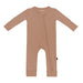 A zippered brown Kyte Baby romper for babies on a white background