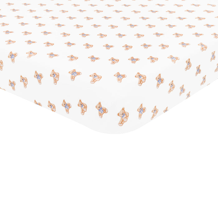 Pattern of small cartoon characters on a crib sheet on a white background 