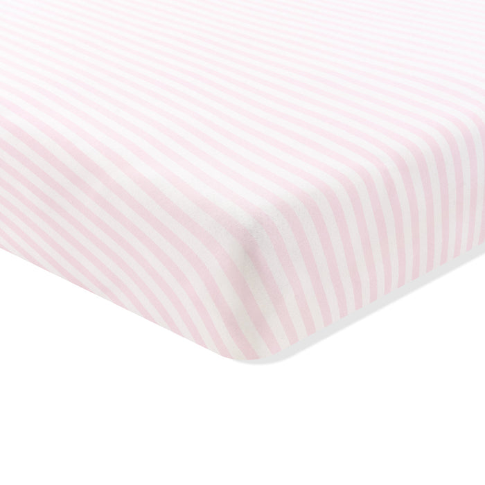 Striped fabric with pink and white horizontal stripes on a white background