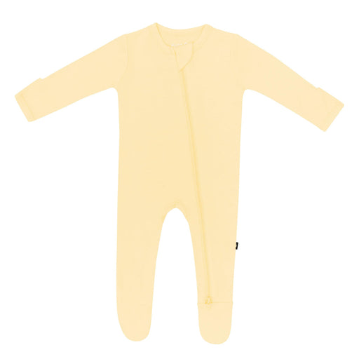 Yellow baby sleeper with a double zipper featured on a white background