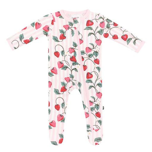 Baby onesie with strawberry pattern on a white background