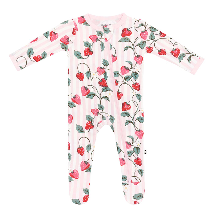 Baby onesie with strawberry pattern on a white background