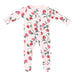 Baby onesie with strawberry pattern on a white background