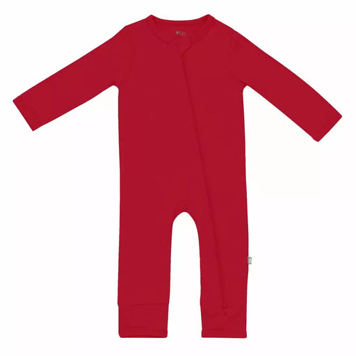 A zippered red Kyte Baby romper for babies on a white background