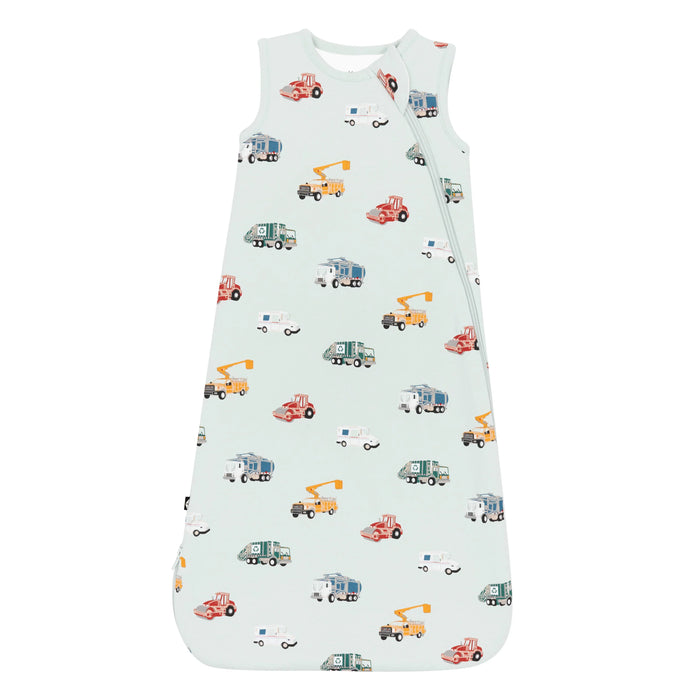 Baby sleeping bag with vehicle pattern on a white background