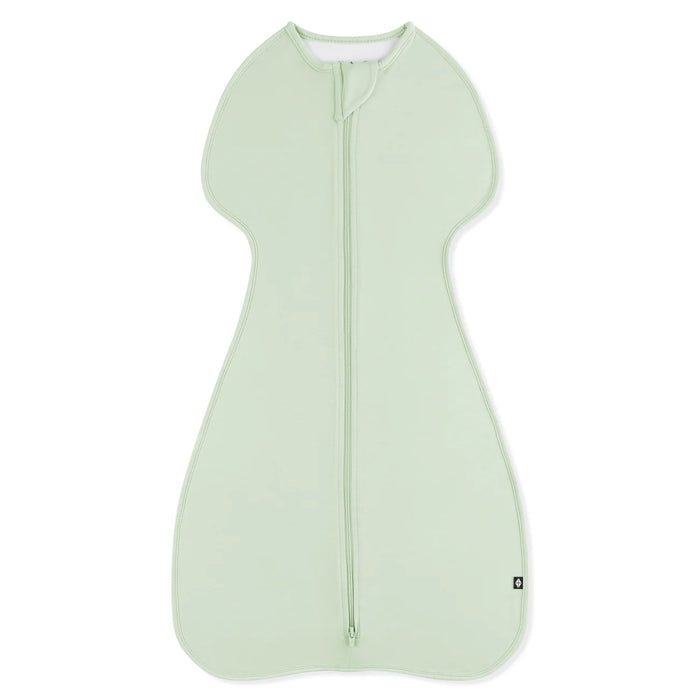 Light green baby sleeping bag with a zipper on a white background