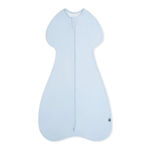 Light blue baby sleeping bag on a white background