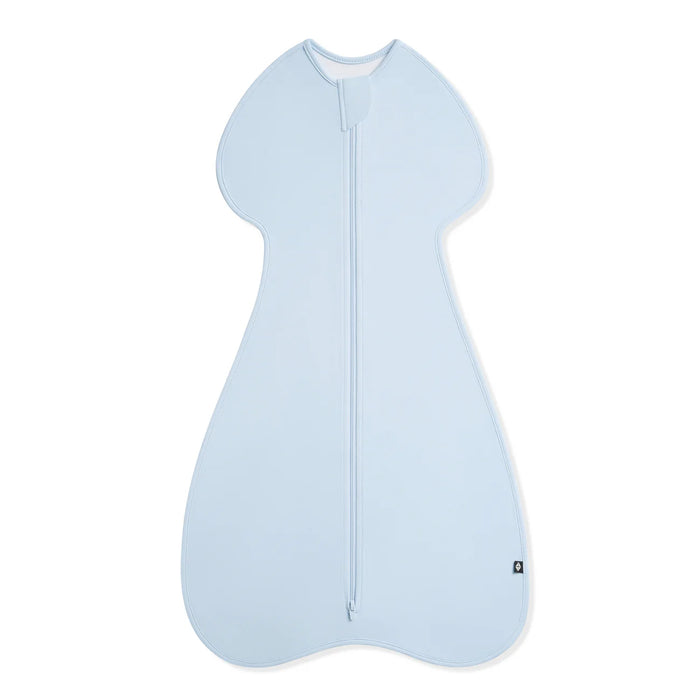 Light blue baby sleeping bag on a white background