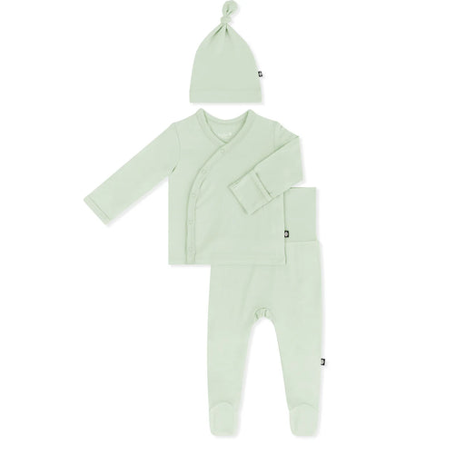 Light green newborn baby outfit set with a onesie, hat, and pants on a white background