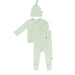 Light green newborn baby outfit set with a onesie, hat, and pants on a white background