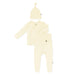 Baby newborn outfit set with onesie and hat in soft chamomile yellow on a white background