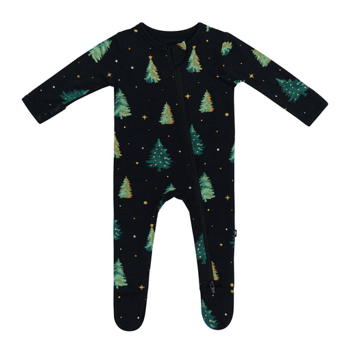 Black kyte baby onesie with green tree pattern on a white background