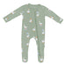 Green baby onesie with long sleeves and footed zippered design with goose pattern on a white background