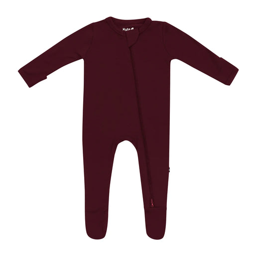 Burgundy baby footed sleeper on a white background