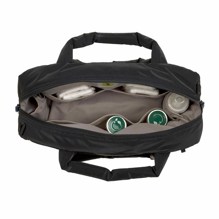 Black bag with compartments containing baby diaper, bottle and food items on a white background