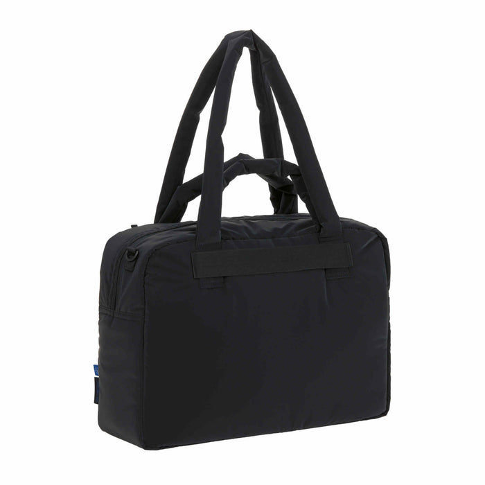 Black duffel bag with handles on a white background