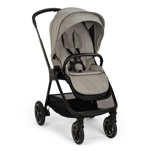 Gray and black stroller on a white background