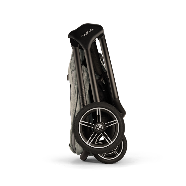 Folded stroller with 'Nuna' branding on a white background
