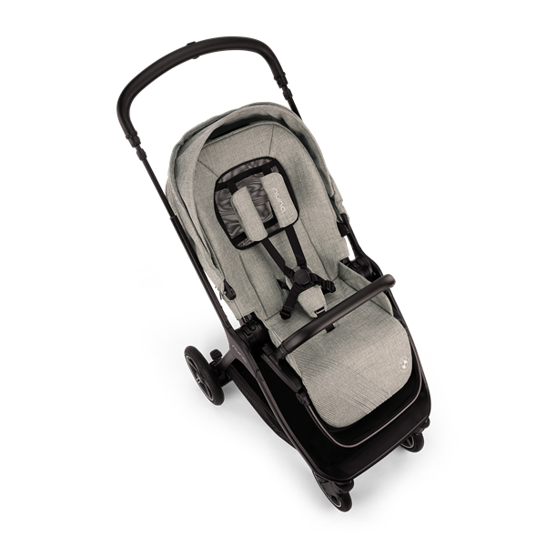 Stroller with gray seat and black frame on a white background
