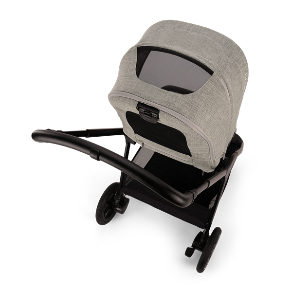 Gray baby seat with black frame on a white background