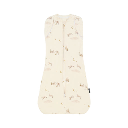 Baby swaddle sleep bag with animal lamb pattern on a white background
