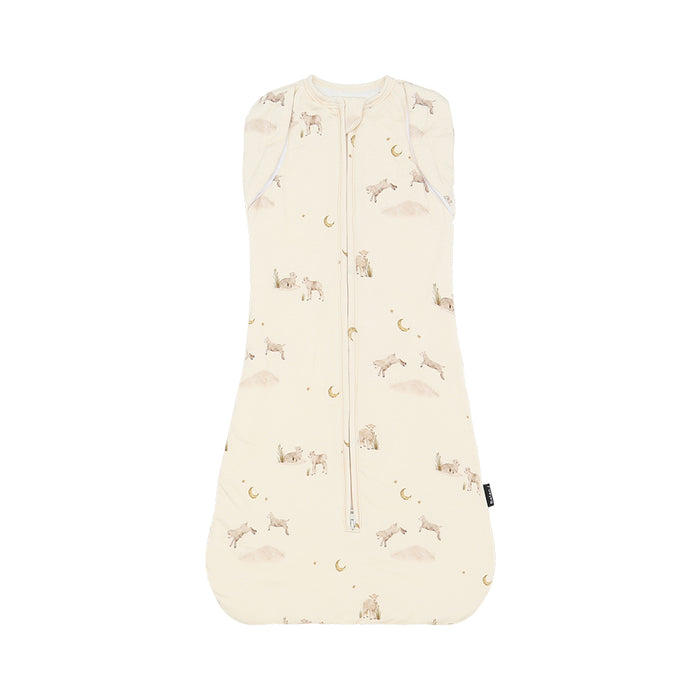 Baby swaddle sleep bag with animal lamb pattern on a white background