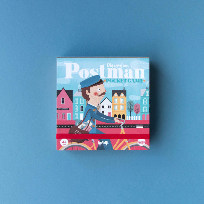 Board game box titled 'Postman Pocket Game' on a blue background