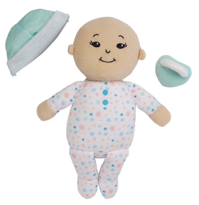 Plush baby toy with a hat, pacifier, and onesie on a white background