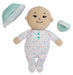 Plush baby toy with a hat, pacifier, and onesie on a white background