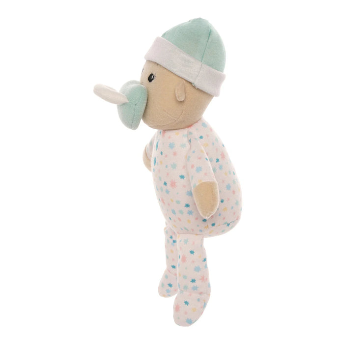 Plush toy resembling a baby with a pacifier and mint green hat on a white background