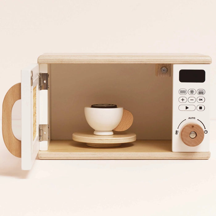 Wooden microwave with a white interior, featuring a white bowl on a turntable.