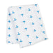 White cotton 47 x 47 inch swaddle blanket with blue airplane pattern on a white background folded