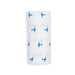 White swaddle blanket with blue airplane pattern on a white background