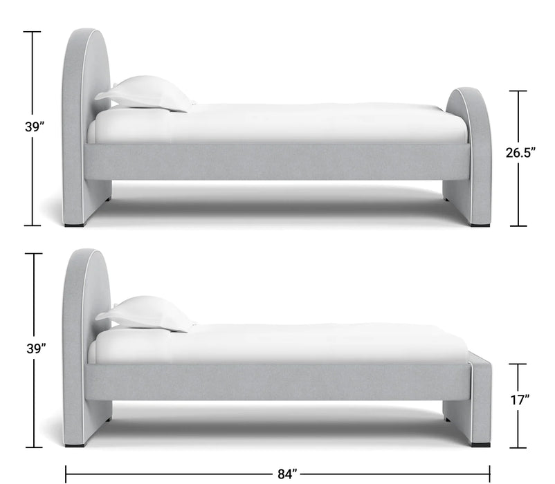 caption-Dimensions of Luna Bed - note High headboard with low or high footboard can be ordered