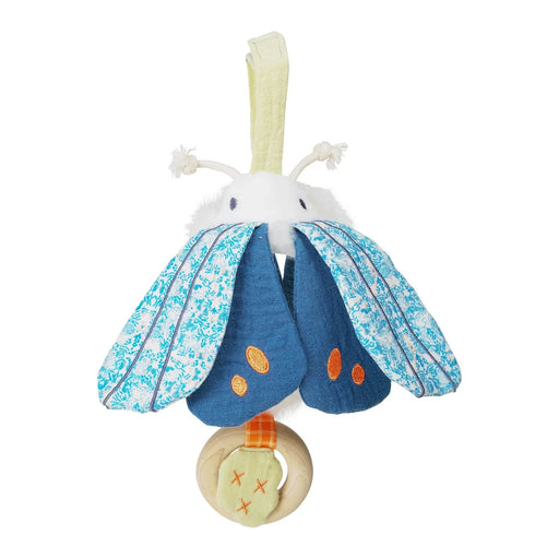 Plush toy butterfly with a teething ring on a white background
