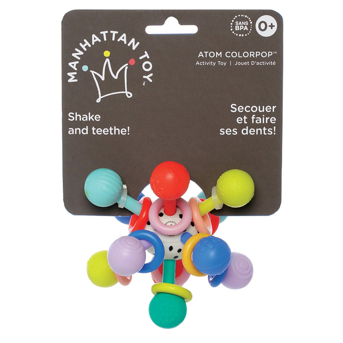 Colorful baby teething toy with 'Manhattan Toy' packaging on a white background