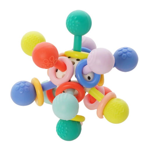Colorful baby toy with various textures on a white background