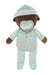 Stuffed toy bear in a light blue outfit with a white hat on a white background