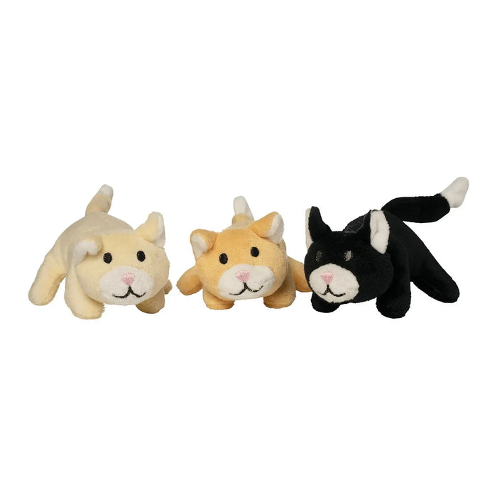 Three plush toys in the shape of cats in different colors on a white background