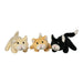 Three plush toys in the shape of cats in different colors on a white background