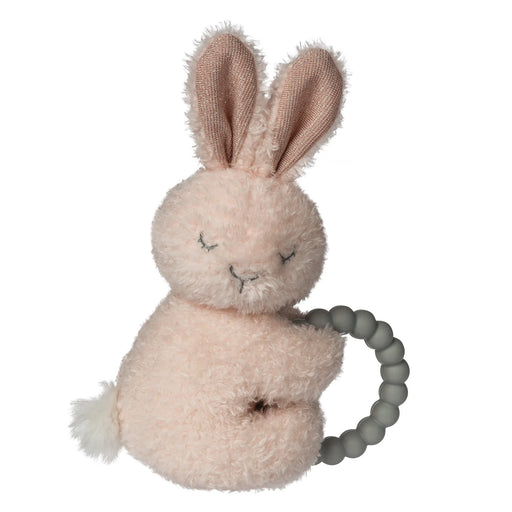 Plush bunny toy with a teething ring on a white background
