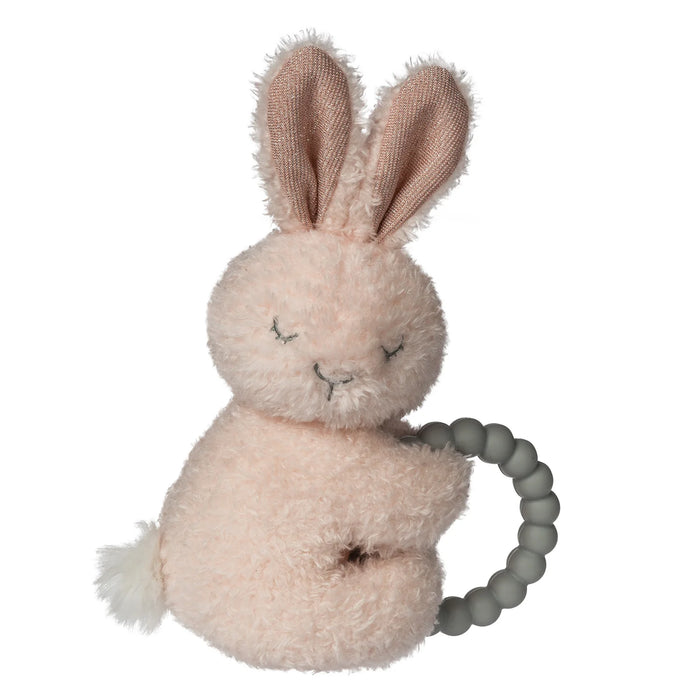 Plush bunny toy with a teething ring on a white background