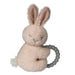 Plush bunny toy with a teething ring on a white background