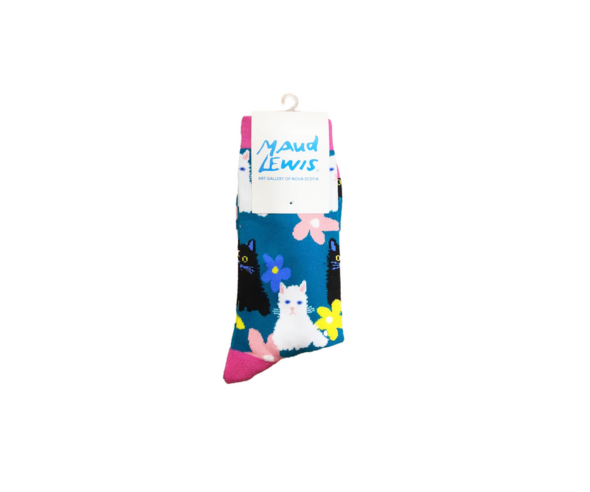 Pair of socks with cat and flower design on a white background