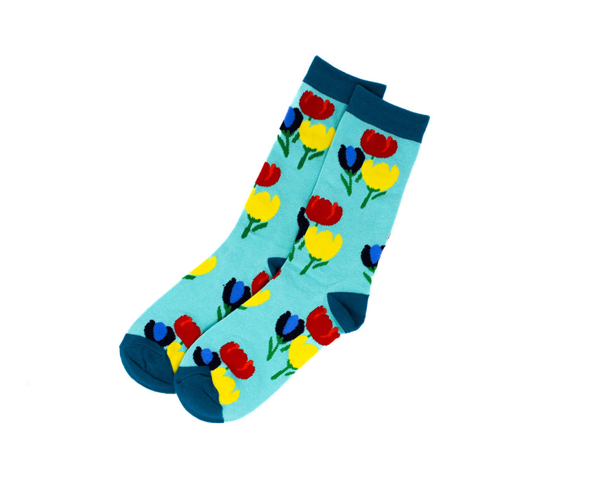 Colorful tulip-patterned socks on a light blue background