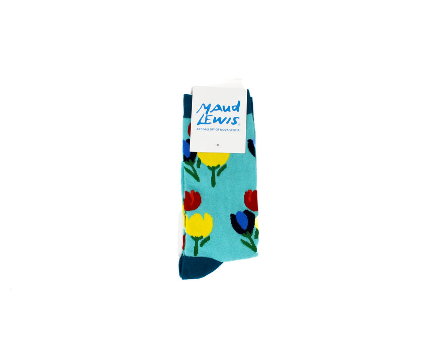 Colorful floral-patterned socks with a Maud Lewis label on a white background
