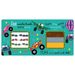 Children's educational mat with monster truck illustrations on a teal background
