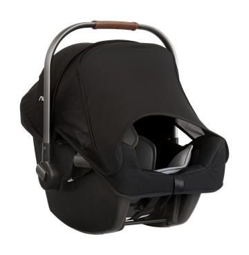 Black baby car seat with brown handle on a white background