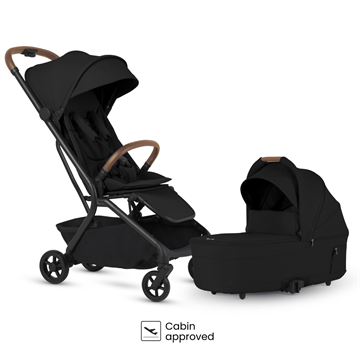 Black stroller and carrycot with 'Cabin approved' label on a white background